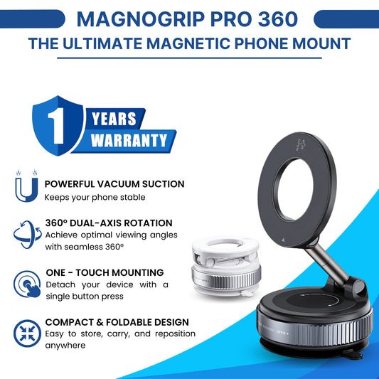 Discover the MagnoGrip Pro 360 – a compact magnetic phone holder with 360° rotation, powerful vacuum suction, and one-touch release. Perfect for cars and small spaces. Easy to fold, store, and mount securely. Ideal for any magnetic phone setup.