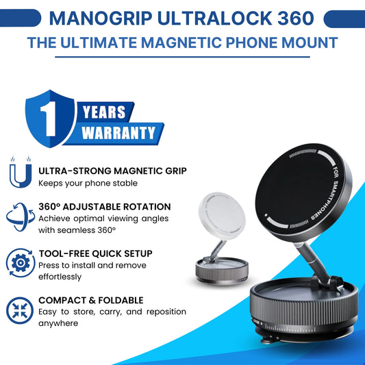 ManoGrip UltraLock 360 magnetic phone mount with ultra-strong grip, 360° rotation, tool-free setup & compact design. Stable, simple, built for driving.